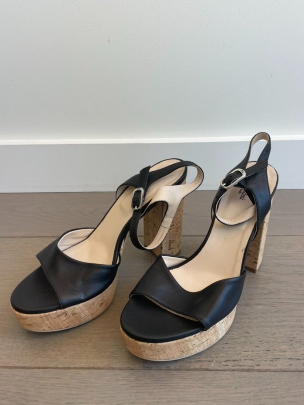 NeroGiardini E307530D-100 Black Leather Platform Block Heel Sandals Size 38